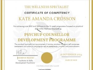 Photo of certificate of cemptency for Kate Crosson has gold double lined edging and a gold seal centre