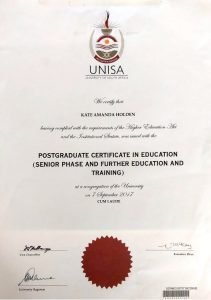 Photo of a postgraduate certificate has the Unisa emblem centre top, and a red seal at the bottom with relevant information in the middle showing the qualification attained by Kate Crosson