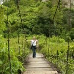 Counsellor Kate Crosson waking across a wooden slatted bridge in farmland which has thick undergrowth on a sunny day. She is holding onto a roped framework with her right hand and has a black bag strap over her left shoulder. She is wearing blue denim jeans and a white top. Her blind hair is tied back.